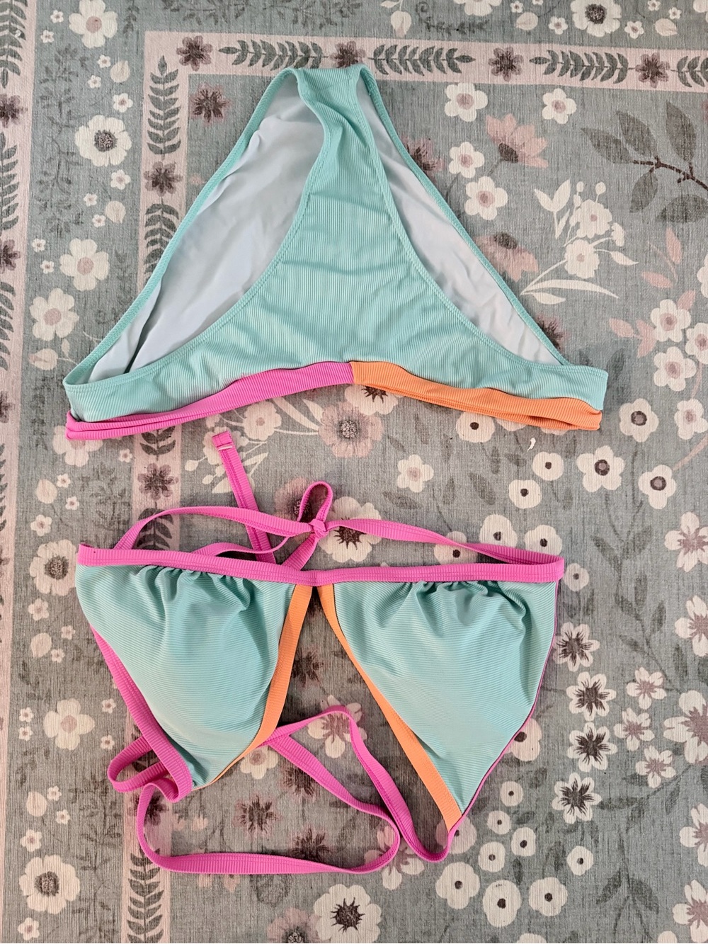 SHEIN Aqua Triangle Bikini with Pink & Orange Trim